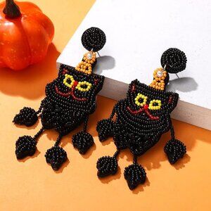 Black Cat Beaded Halloween Dangle Leg Pet Lovers Witch Theme Earrings